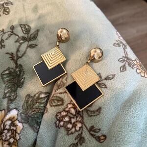 Geometric Gold and Black Drop Earrings Vintage 90s